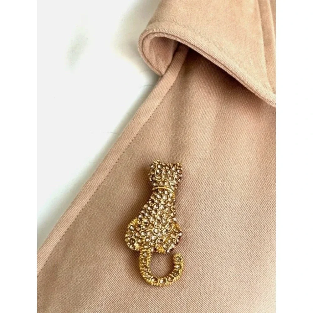 Vintage Mid-Century Cat Brooch Set 2 Rhinestone Pavé Sitting Cat Textured Gold